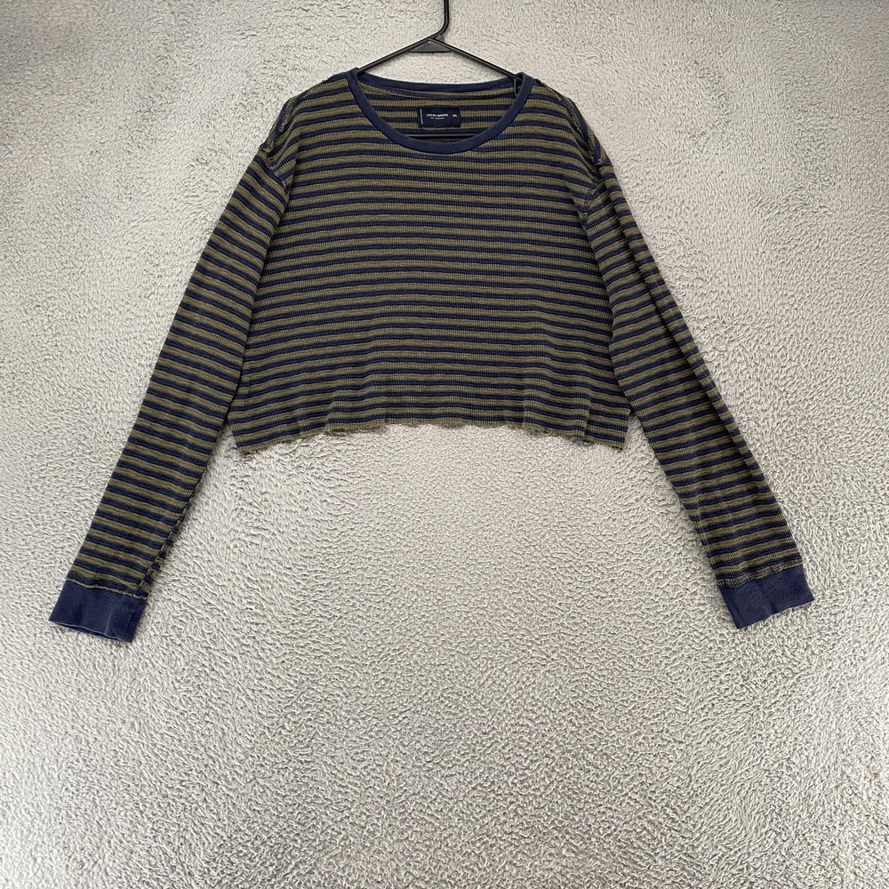 Lucky Brand Stripe Crop T-Shirt Womens XXL Blue‎ Ribbed Long Sleeve Knit Top Tee
